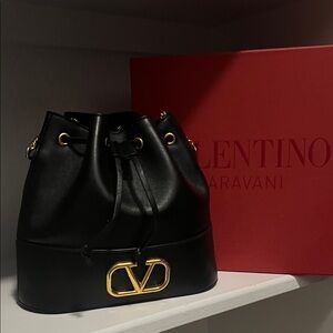 Valentino Black Mini Bucket Bag with Gold Accents